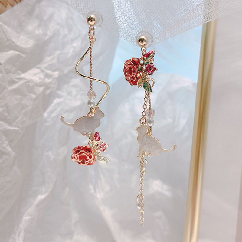 Flower Long Earrings Wild Red Rose Flower Long Rhinestone Tassel Earrings Earrings