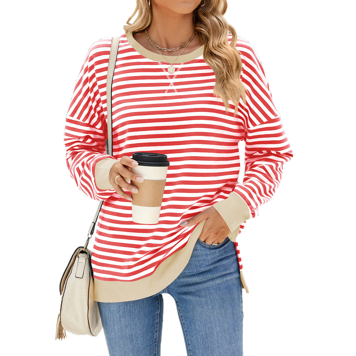 Mixed Color Striped Printed Split Design Long Sleeve T-Shirt Fashion Casual Round Neck Pullover Top Women's Clothing