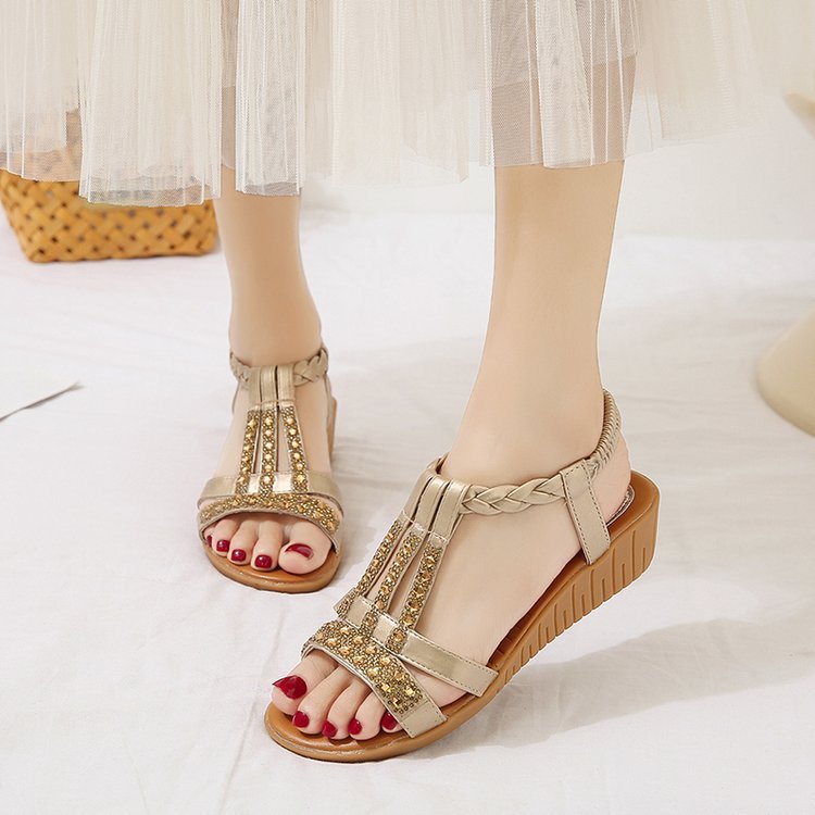 Casual Wedges Sandals With Rhinestone Summer Plus-size Peep-toe Roman Shoes