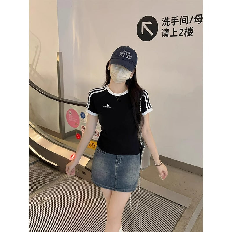 Female Bm Hot Girl Waist Embroidered Crew Neck Short Sleeve T-shirt Top