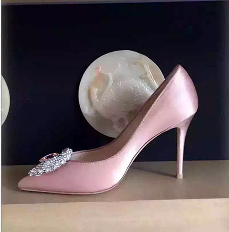 Rhinestone Pointed Toe High Heels Wedding Red Silk And Satin Shallow Mouth Women's Shoes