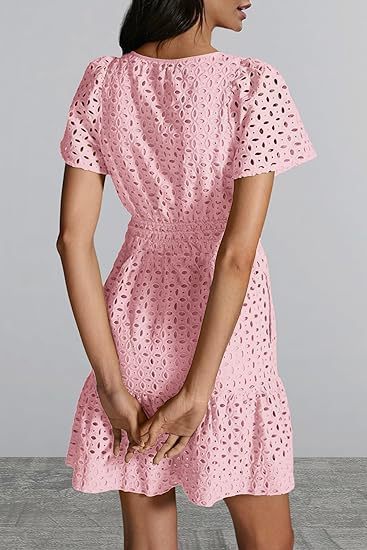 Female V-neck Hollow Lace Pleated Short Sleeves Dress