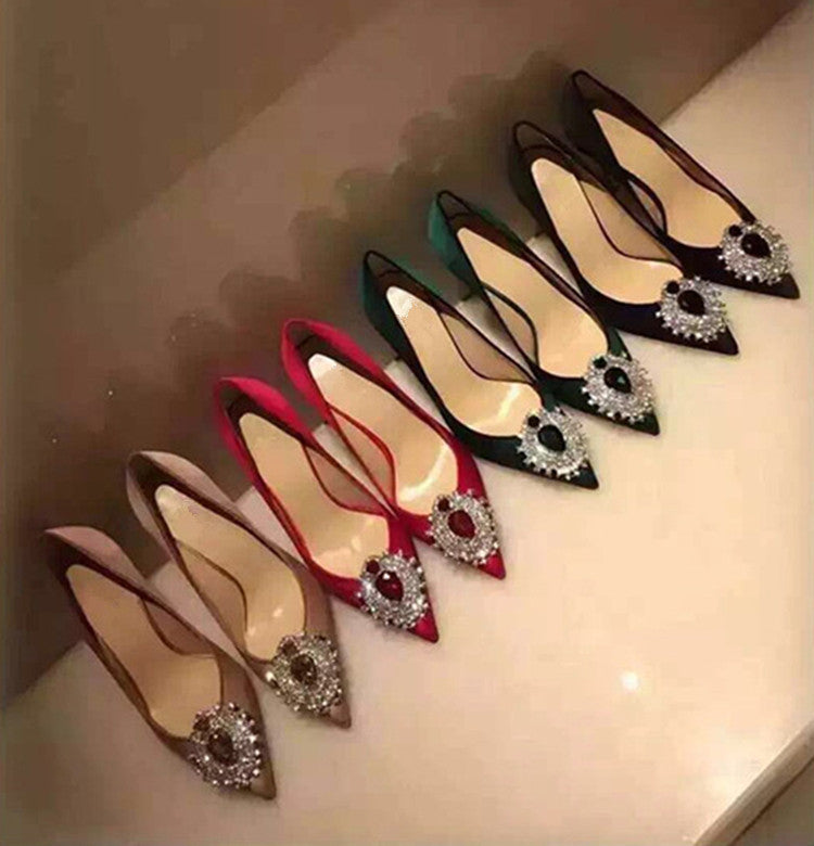 Rhinestone Pointed Toe High Heels Wedding Red Silk And Satin Shallow Mouth Women's Shoes