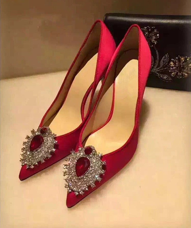 Rhinestone Pointed Toe High Heels Wedding Red Silk And Satin Shallow Mouth Women's Shoes